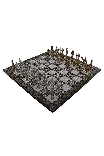 Gift Home Metal Mısır Satranç Takımı Parlak Ve Katlanır Sedef Desenli Mdf Ahş...