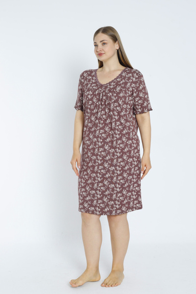 Lagertha by İntensive στάμπα δαντέλα κοντομάνικο ελαστικό νυχτικό από βισκόζη συν μέγεθος