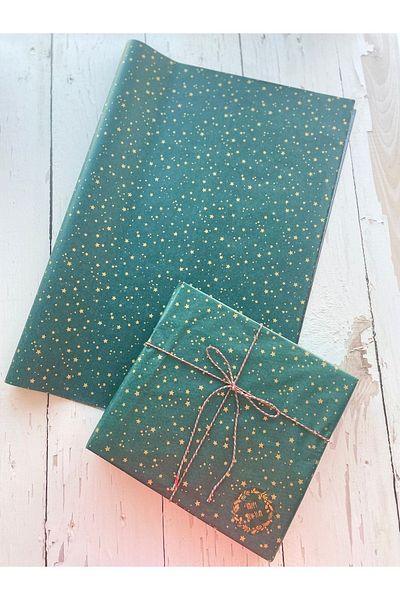 eylülün etiket fabrikası Dark Green Background Gold Star Pattern Pelur Paper / Packaging Paper - 30 Pieces