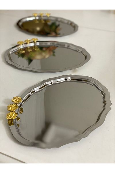 Elzemm store 20*25 CM Stainless Steel Oval - Presentation Tray with 3 Roses