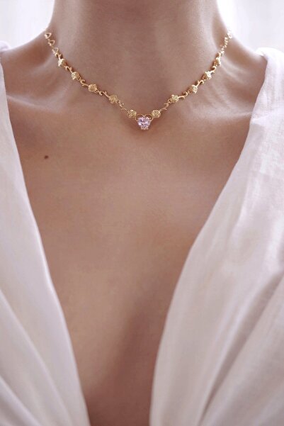 AŞIK ACCESSORIES Pembe Kalpli Çiçek Prenses Choker Kolye