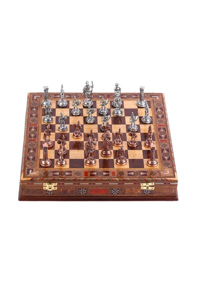 Gift Home Orta Boy Metal Roma Satranç Takımı Antik Ve El Yapımı Masif Ahşap S...