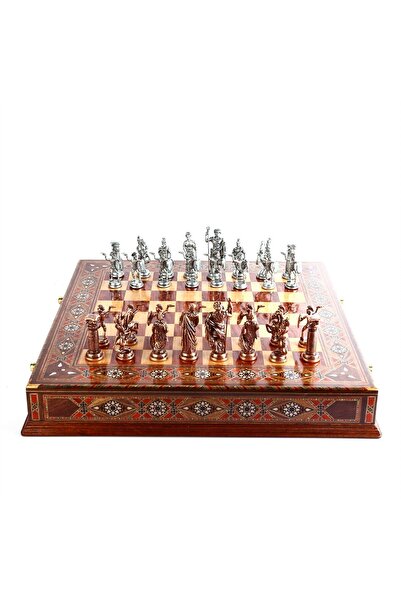 Gift Home Battal Boy Metal Roma Satranç Taşları Antik Ve El Yapımı, Masif Ahşap, Hakiki Sedef Süslemeli Ve Çek