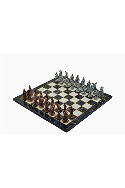 Gift Home Gifthome Metal Satranç Takımı Büyük Osmanlı & Bizans Antik Düz Mermer Desenli Satranç Tahtası
