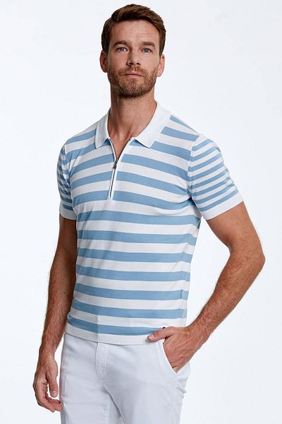 Hemington Blue Striped Pure Cotton Knitwear Polo with Zipper Detail