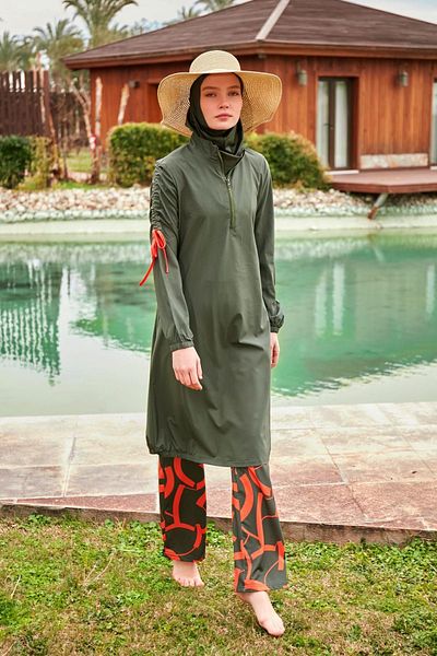 Marina Parachute Fabric Khaki Full Closed Hijab Swimsuit M2432