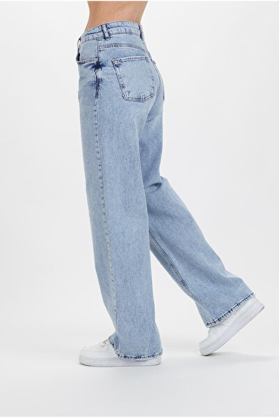 MAKRAS EXCLUSIVE Τζούλια 90s Μπλε Ψηλόμεσο Λύκρα Palazzo Τζιν - Χιόνισε Πλύση Φαρδύ Παντελόνι Τζιν