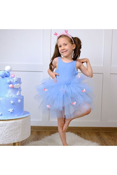 sara tasarım Kelebek Detaylı Tütü Etekli Kız Çocuk Balerin Elbise