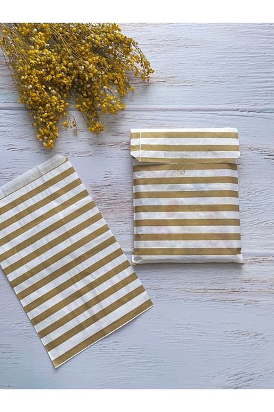 eylülün etiket fabrikası Gold Straight Striped White Envelope Package - Gift Package - 18x30 cm. 20 pieces