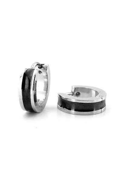 Solfera 13mm Diameter Stainless Steel Hoop - Black Corrugated Double Color Men's Earrings ER101