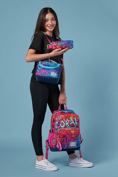 Coral High Geantă de școală din 3 piese roz bleumarin cu scris graffiti - SET 0123629