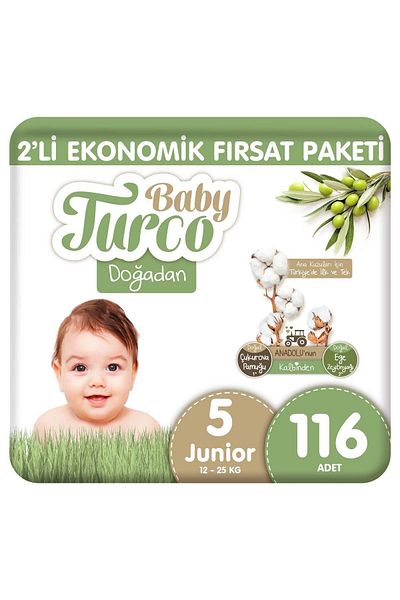 Baby Turco Doğadan حفاضات أطفال اقتصادية مكونة من قطعتين مقاس 5 جونيور 116 قطعة