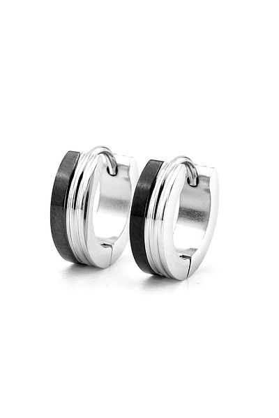 Solfera Men's Earrings - Black Stripe, Silver Color, 13mm Diameter, Stainless Steel Hoop ER105