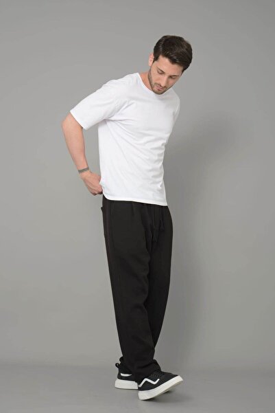 DARK AND BRIGHT Πλαϊνές τσέπες και κορδόνι - Φαρδύ πλισέ μαύρο παντελόνι, ελαστικό ύφασμα μέσης