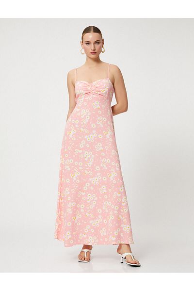Koton Daisy Strap Linen Blended Long Dress with Bow Detail