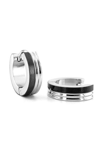 Solfera Men's Earrings - Black Stripe, Silver Color, 13mm Diameter, Stainless Steel Hoop ER105