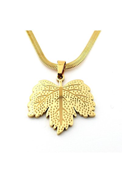 Solfera Çınar Yaprağı Doğa Ağaç Sarı Yassı İtalyan Çelik Kadın Kolye Zincir Q...
