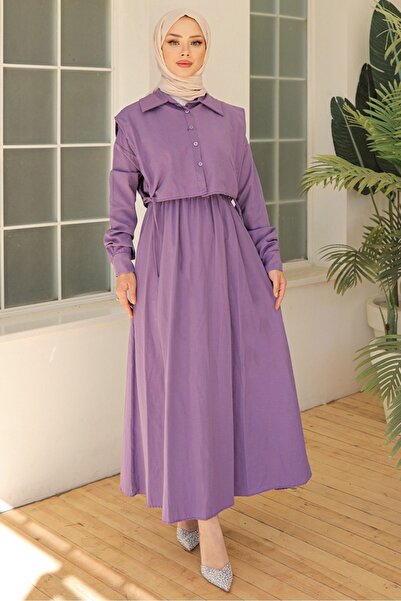 Bestenur Lilac Cevza Vest Dress - 972