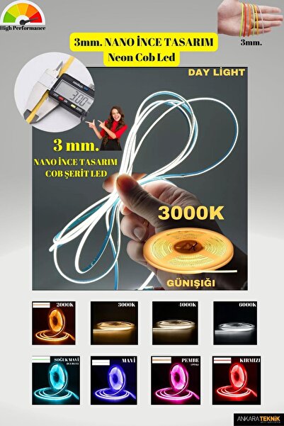 ankarateknik 3mm. Nano Ince Neon Cob Şerit Led / Ince Tasarım/ 5 Metre Rulo /...
