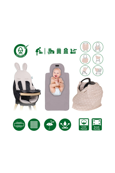 Been Mama Sandalyesi Minderi + Ana Kucağı ve Emzirme Örtüsü +Pratik Alt Değiştirme Matı Set