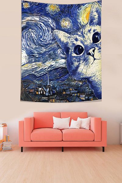 on the clouds Van Gogh Cer înstelat și pisică drăguță Tapiserie din țesătură rezistentă la pete Tapiserie de perete