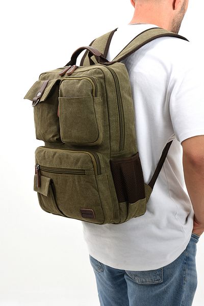 By Hakan Eba-8678 Canvas Backpack - Χακί τσάντα ταξιδιού και σχολείου με θήκη φορητού υπολογιστή και πολλαπλές θήκες