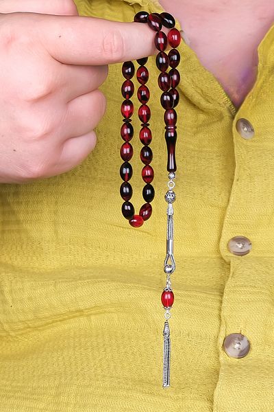 TESBİHCİBABA Silver Tasseled Fire Amber with Night Red - Special Design Rosary