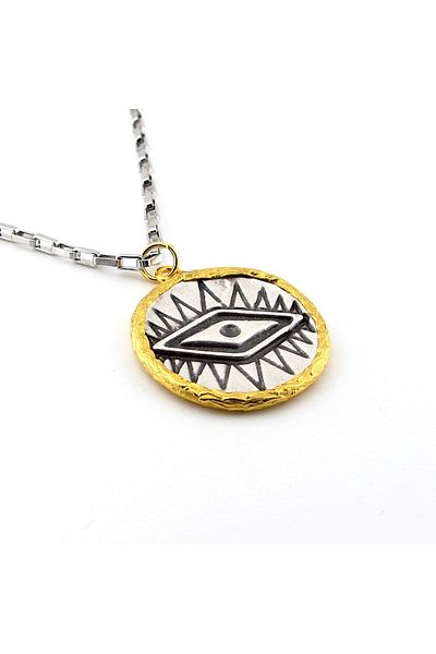 Solfera Unisex Antique Vintage Evil Eye Medallion Steel Chain Necklace - Q0880