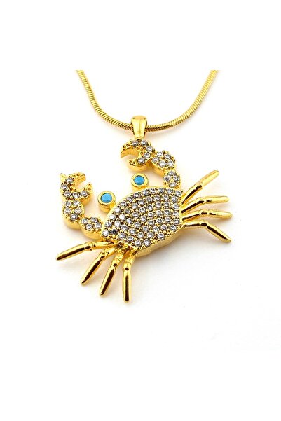 Solfera White Zircon Stone Crab Necklace - Yellow Steel Chain, Ocean Seaside Q0863