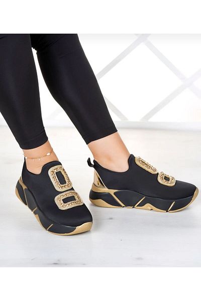 LABRONA Black Women's Sneakers with Gold Colored Stones
