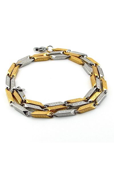 Solfera Men's Necklace - Bar Stick Greek Pattern, Yellow and Silver Color, Stainless Steel Q0882