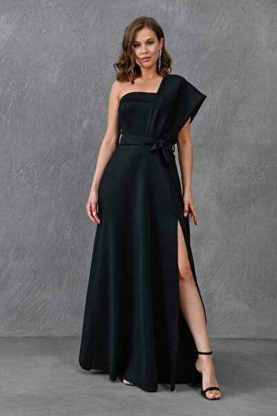 bayansepeti Kadın Siyah Esnek Dalgıç Kumaş Tek Omuz Yırtmaç ve Kuşaklı Maxi Abiye Elbise 582754