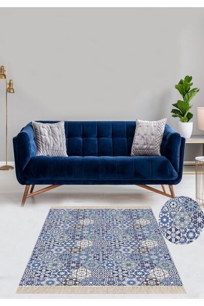 on the clouds Mavi Kilim Desenli Etnik Dijital Baskı Yıkanabilir Kaymaz Taban...