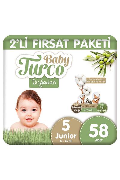 Baby Turco Doğadan 2-Piece Pack Baby Diapers Size 5 Junior 58 Pieces