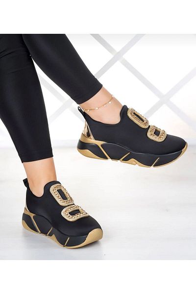 LABRONA Black Women's Sneakers with Gold Colored Stones