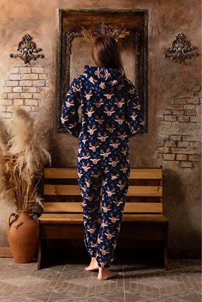 Sude Kadın Kapşonlu Polar Pijama Takım Geyik Desenli