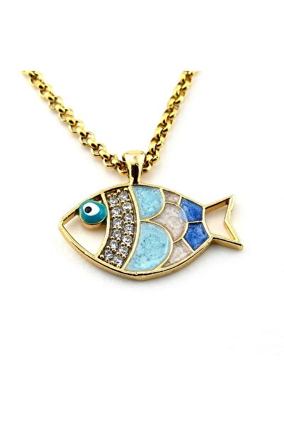 Solfera Balık Nazar Boncuğu Zirkon Taşlı Sarı Çelik Zincir Kadın Kolye Q0868