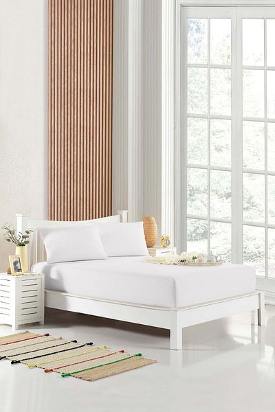 HOMENUP White Single 100% Cotton Double Elastic Sheet Set - 63 Wires
