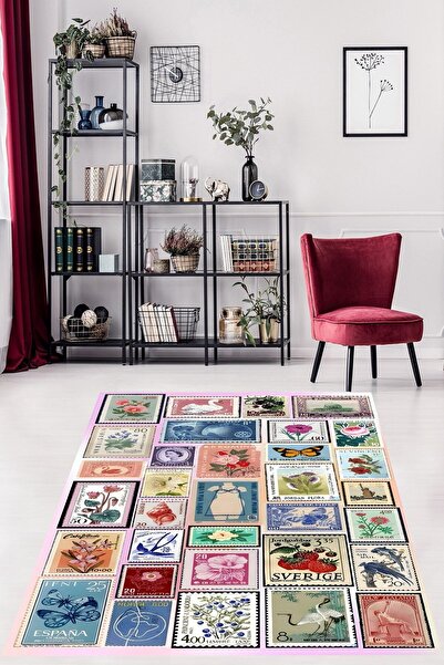 on the clouds Retro Pul Desen  Yıkanabilir Kaymaz Taban Leke Tutmaz Salon Halısı