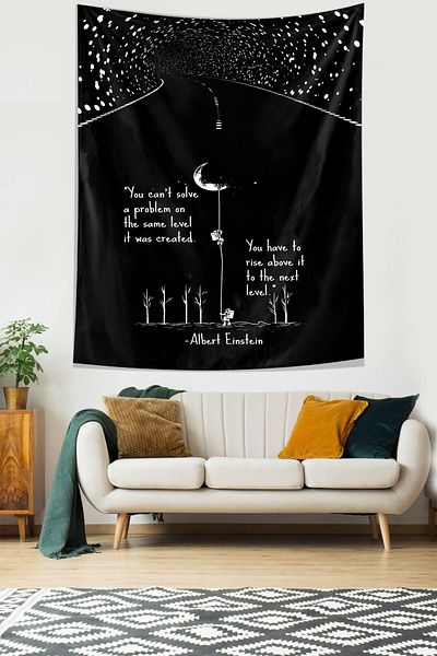 on the clouds Black and White Moon and Albert Einstein Written Stain Resistant Fabric Wall Cloth Wall Carpet Tapestry