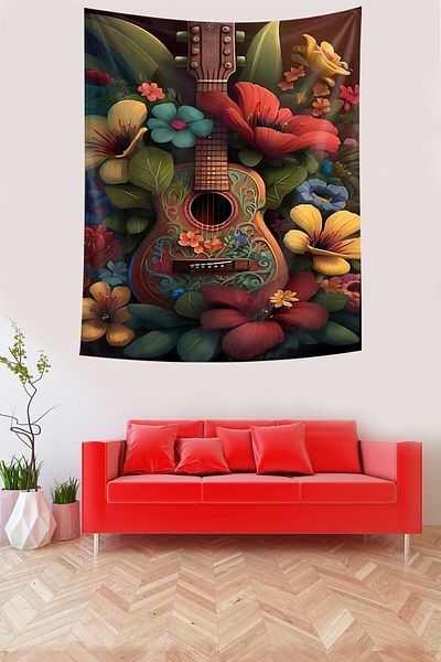 on the clouds Guitar Inside Flowers Stain Resistant Fabric Wall Cover Wall Carpet Tapestry