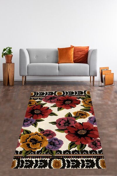 on the clouds Çiçek Desenli Çerçeveli Modern Yıkanabilir Kaymaz Taban Leke Tu...