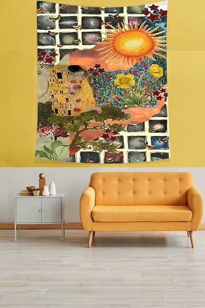 on the clouds Gustav Klimt Kiss and Sun Pattern Stain Resistant Fabric Wall Cloth Wall Carpet Tapestry