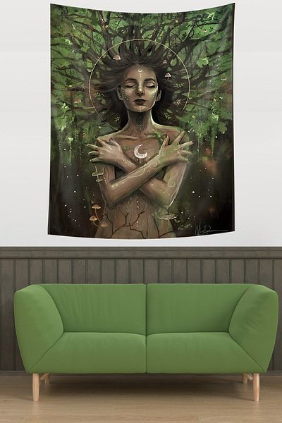 on the clouds Forest Haired Girl Stain Resistant Fabric Wall Cloth Wall Tapestry Tapestry