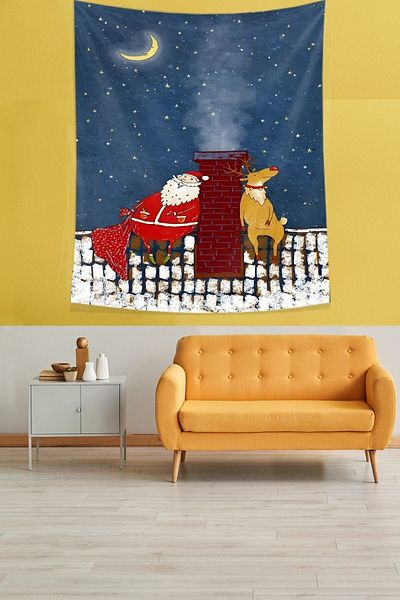on the clouds New Year's Eve Deer and Santa Claus Stain Resistant Fabric Wall Cloth Wall Carpet Tapestry