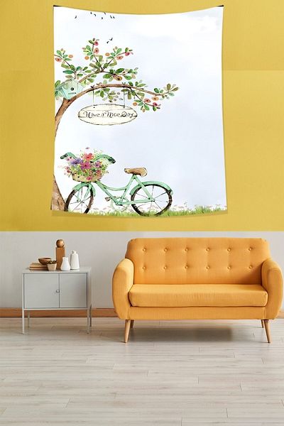 on the clouds Bicicletă sub copac, cu tematică natură, din țesătură rezistentă la pete, tapiserie de perete
