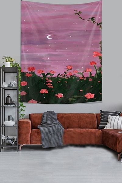 on the clouds Pastorale Oil Painting Sky Moon And Flowers Αδιάβροχο υφασμάτινο ύφασμα τοίχου Ταπετσαρία τοίχου