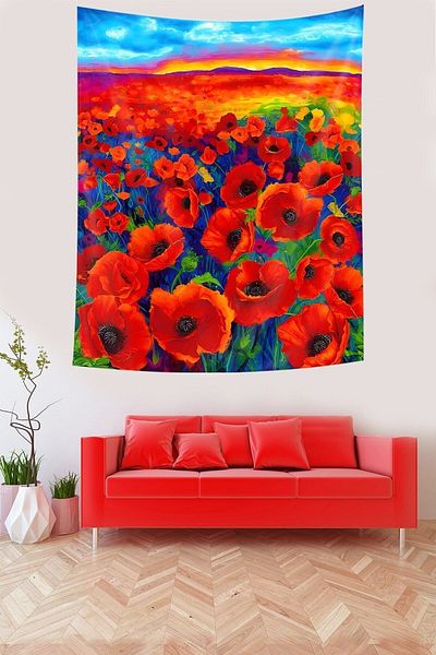 on the clouds Sunset and Poppy Field Stain Resistant Fabric Wall Cover Wall Carpet Tapestry