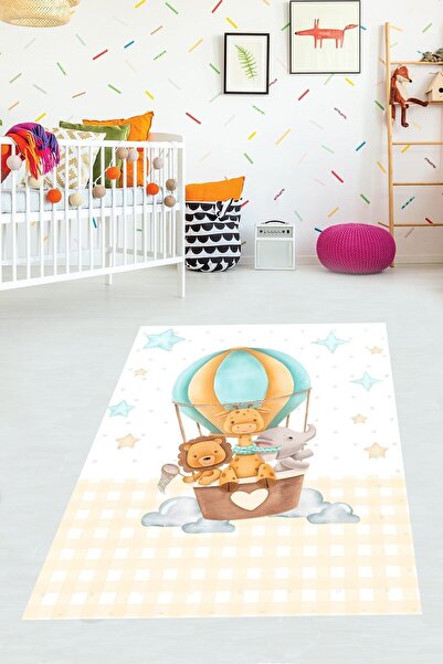 on the clouds Uçan Balonda Fil Aslan Zürafa ve Yıldızlı Yıkanabilir Kaymaz Ta...