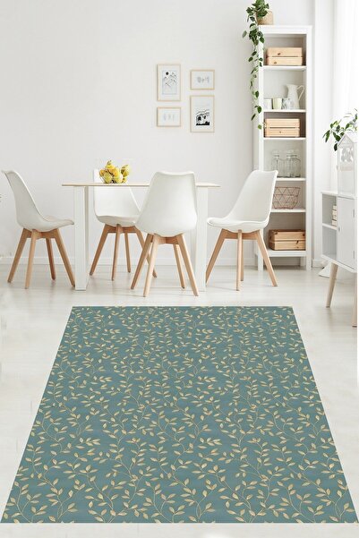 on the clouds Yeşil Yaprak Desenli Modern Yıkanabilir Kaymaz Taban Leke Tutma...